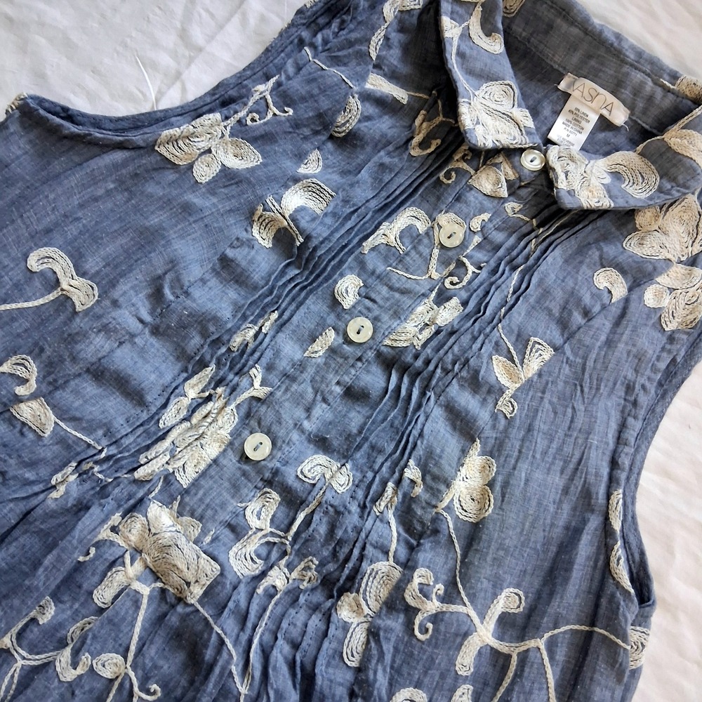 Vasna Blue Embroidered Sleeveless Dress Ruffle Hem Cottagecore Boho‎ Chic